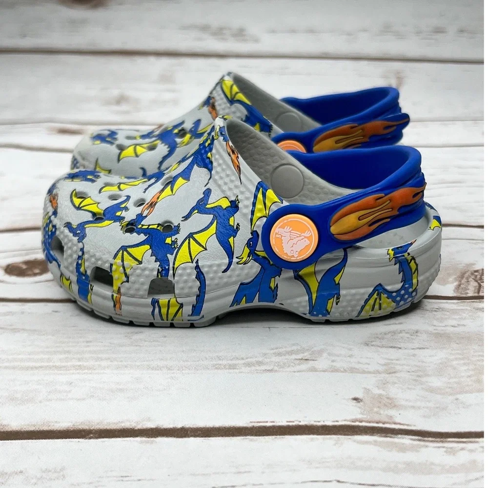 Crocs Clogs Gray Blue Dragon Fire Print Kids Boys Shoes Size C12